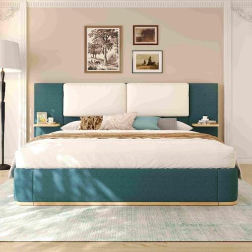 Phoenix NEW Polibi Green Upholstered Frame King Platform Bed with Anti-Collision Soft Rounded Corners and Panel