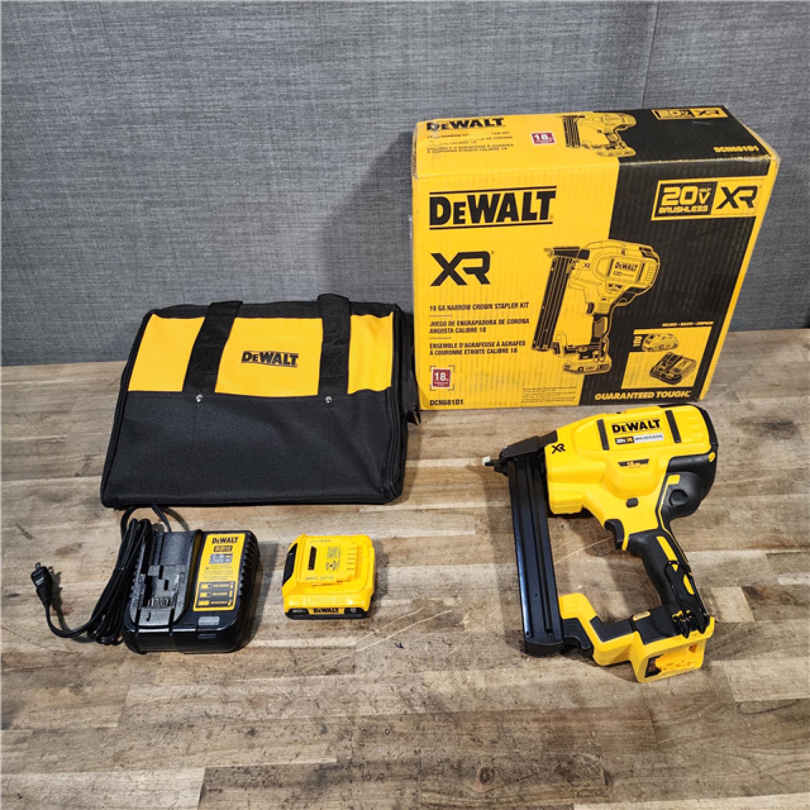HOUSTON LOCATION - AS-IS (APPEARS LIKE NEW) DeWALT DCN681D1 20V MAX 18ga Cordless Brushless Narrow Crown Stapler Kit w/ BATTERY & CHARGER
