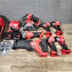 HOUSTON LOCATION - AS-IS Milwaukee M18 FUEL 18V Lithium-Ion Brushless Cordless Combo Kit with Two 5.0 Ah Batteries  1 Charger  2 Tool Bags (7-Tool)