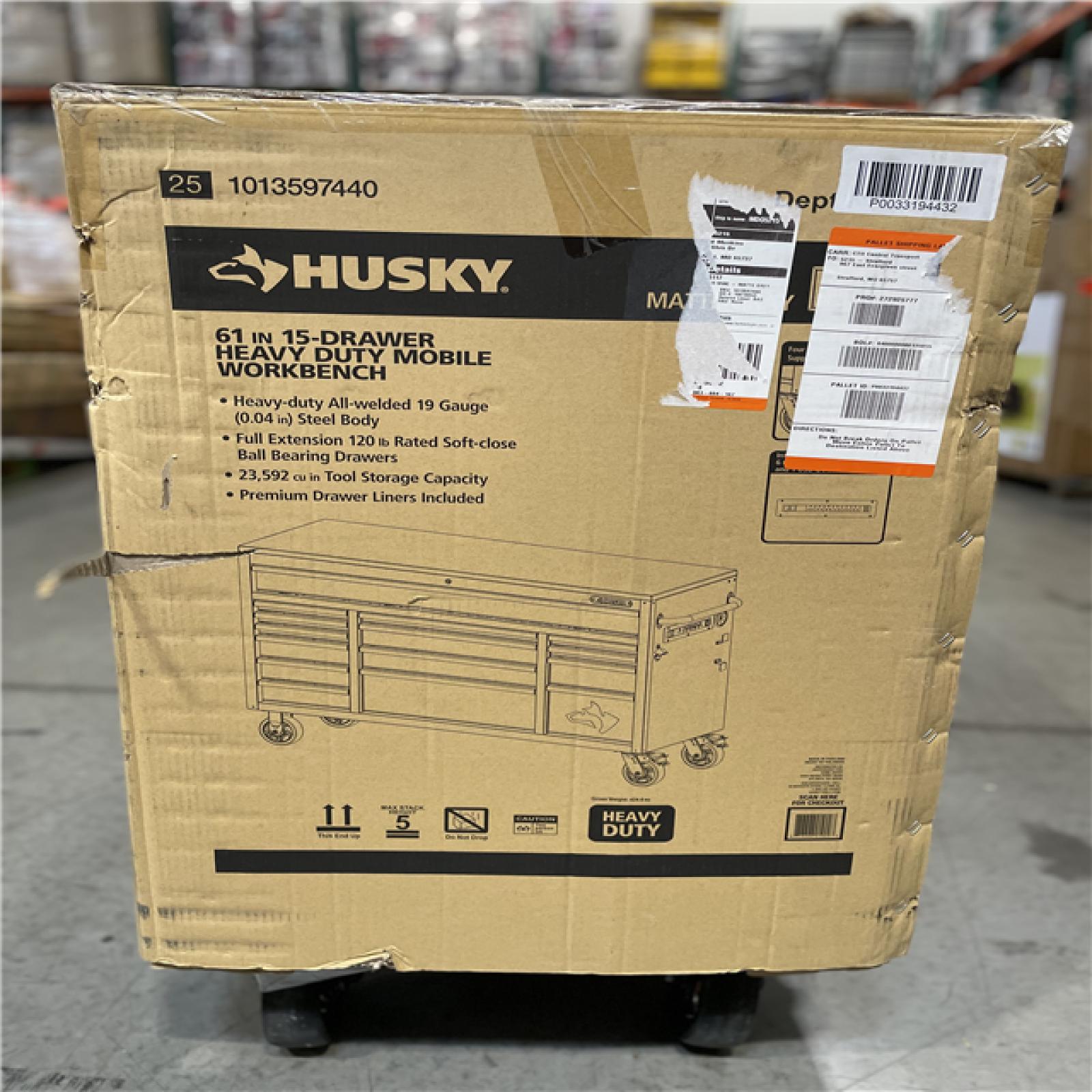 DALLAS LOCATION- AS IS- HUSKY 61IN. 15 DRAWER HEAVY DUTY MOBILE WORKBENCH