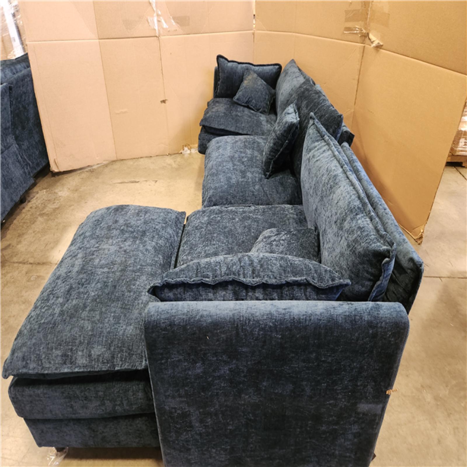 Phoenix AS-IS GOJANE 112.2 in. Square Arm L-Shaped Chenille Deluxe Pillow-Styled Modular Sectional Sofa in. Blue with 1 Ottoman