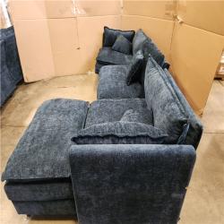 Phoenix AS-IS GOJANE 112.2 in. Square Arm L-Shaped Chenille Deluxe Pillow-Styled Modular Sectional Sofa in. Blue with 1 Ottoman