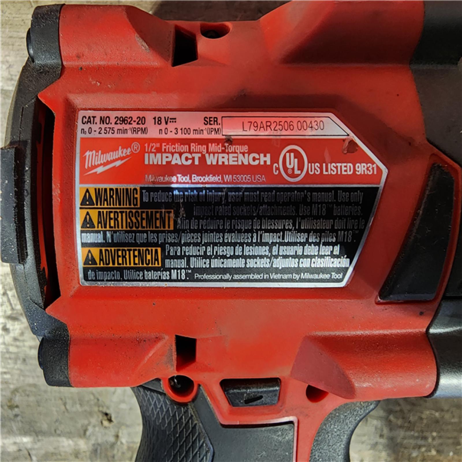 HOUSTON LOCATION - AS-IS Milwaukee 2962-20  M18 18V Fuel 1/2 Mid-Torque Impact Wrench Cordless Lithium-Ion Brushless (Tool-Only)