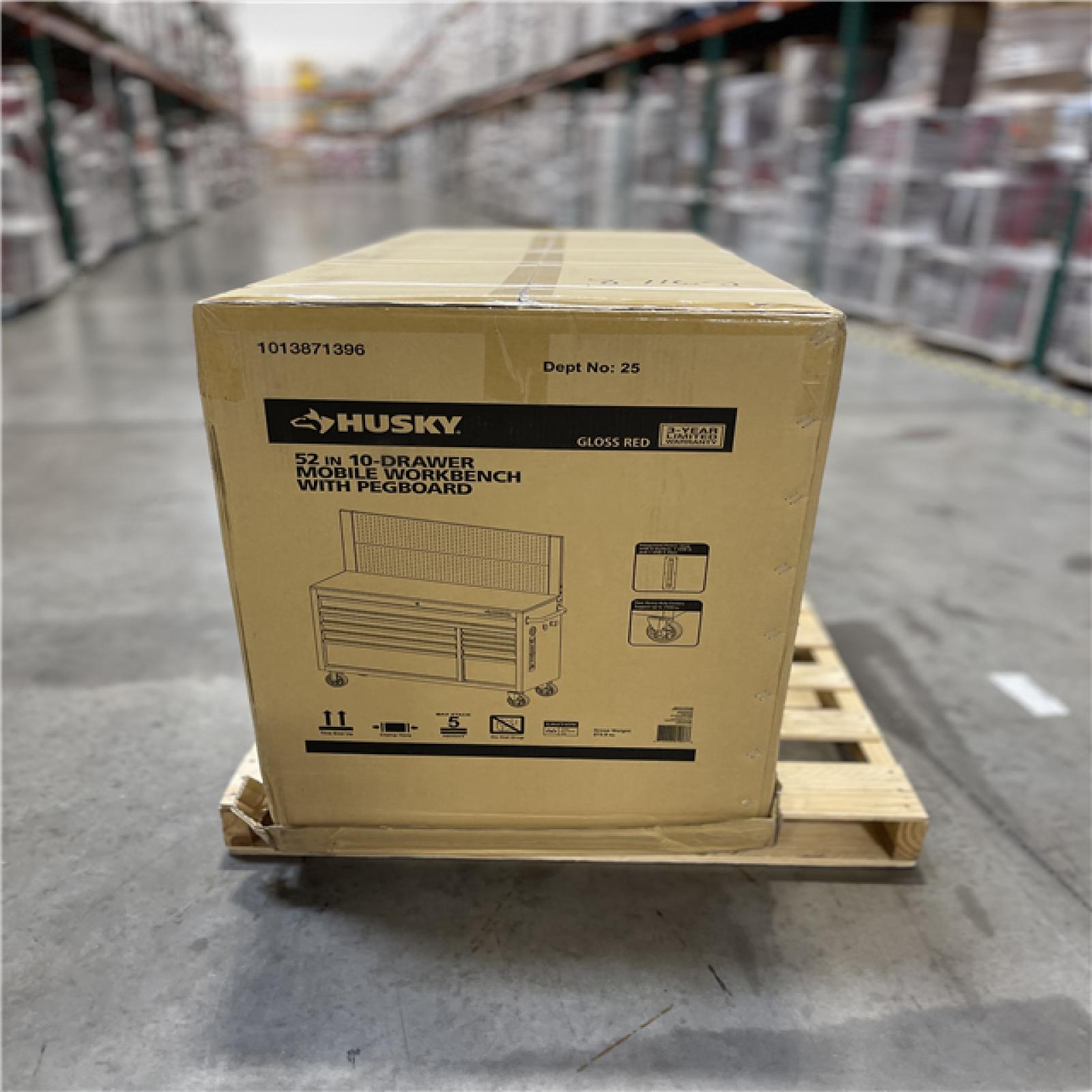 DALLAS LOCATION - Husky 52 in. W 10-Drawer Gloss Red Mobile Workbench Cabinet with Solid Wood Top and Pegboard