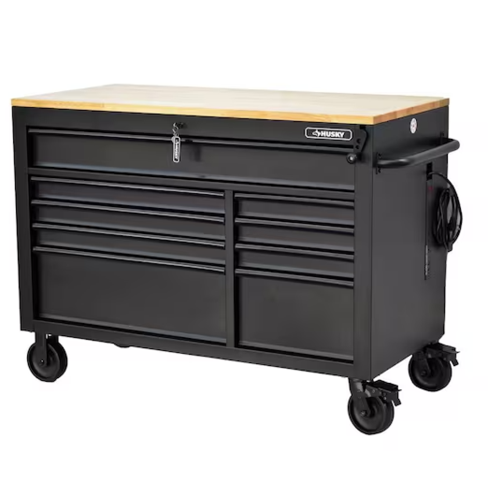 DALLAS LOCATION- AS-IS HUSKY 52 in. W x 25 in. D Heavy Duty 9-Drawer Mobile Workbench Cabinet w/ Adjustable-Height Hardwood Top