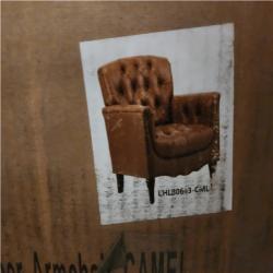 Phoenix NEW JAYDEN CREATION Elijah 32 in. Traditional Camel Button-Tufted Genuine Leather Arm Chair with Solid Wood Legs