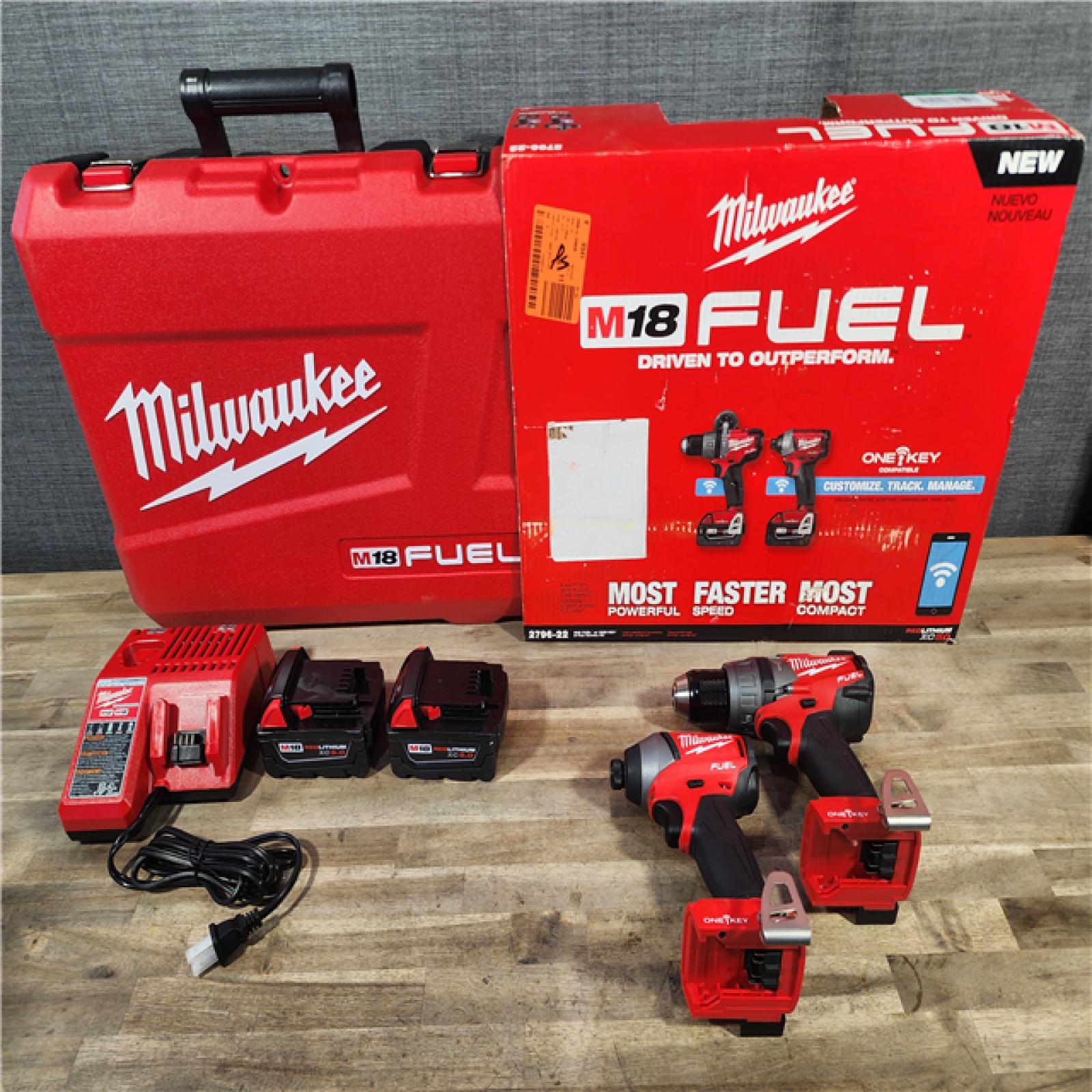 HOUSTON LOCATION - AS-IS (APPEARS LIKE NEW) Milwaukee M18 FUEL ONE-KEY 18-Volt Lithium-Ion Brushless Cordless Hammer Drill/Impact Driver Combo Kit w/(2) 5.0Ah Batteries, Case