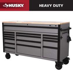 Phoenix NEW Husky Heavy Duty 61 in. W x 23 in. D 15-Drawer Matte Gray Mobile Workbench Cabinet with Solid Wood Top