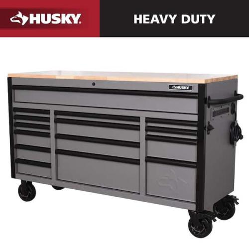 Phoenix NEW Husky Heavy Duty 61 in. W x 23 in. D 15-Drawer Matte Gray Mobile Workbench Cabinet with Solid Wood Top