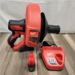 AS-IS- M12 12-V Lithium-Ion Cordless Drain Snake Auger W/ (1) 1.5Ah Battery  5/16 in. X 25 Ft. Cable  Charger  & 5 Gal. Bucket
