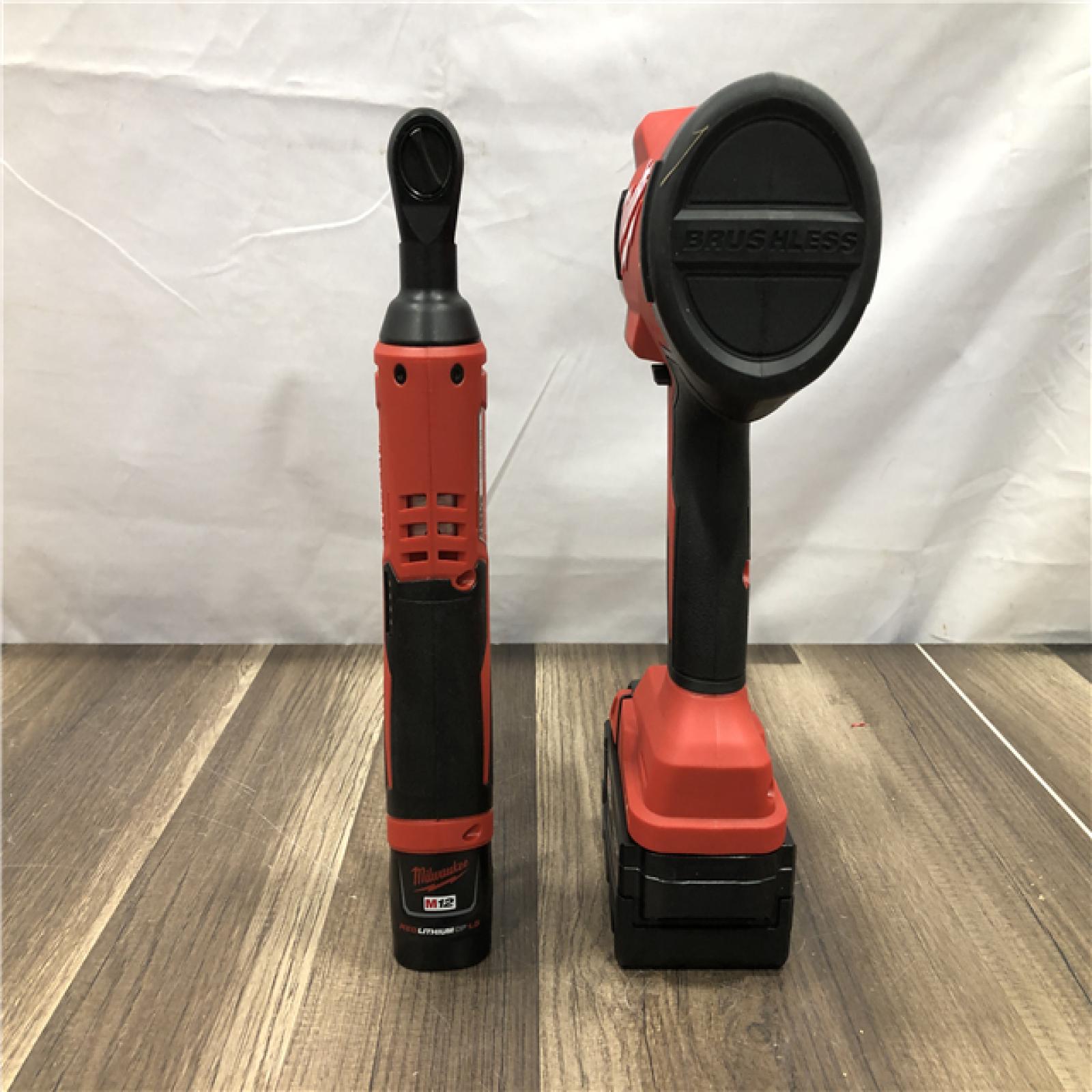 AS-IS Milwaukee 12/18V Lithium-Ion Cordless 3/8 in. Ratchet and 1/2 in. High Torque Impact Wrench with Friction Ring Combo Kit
