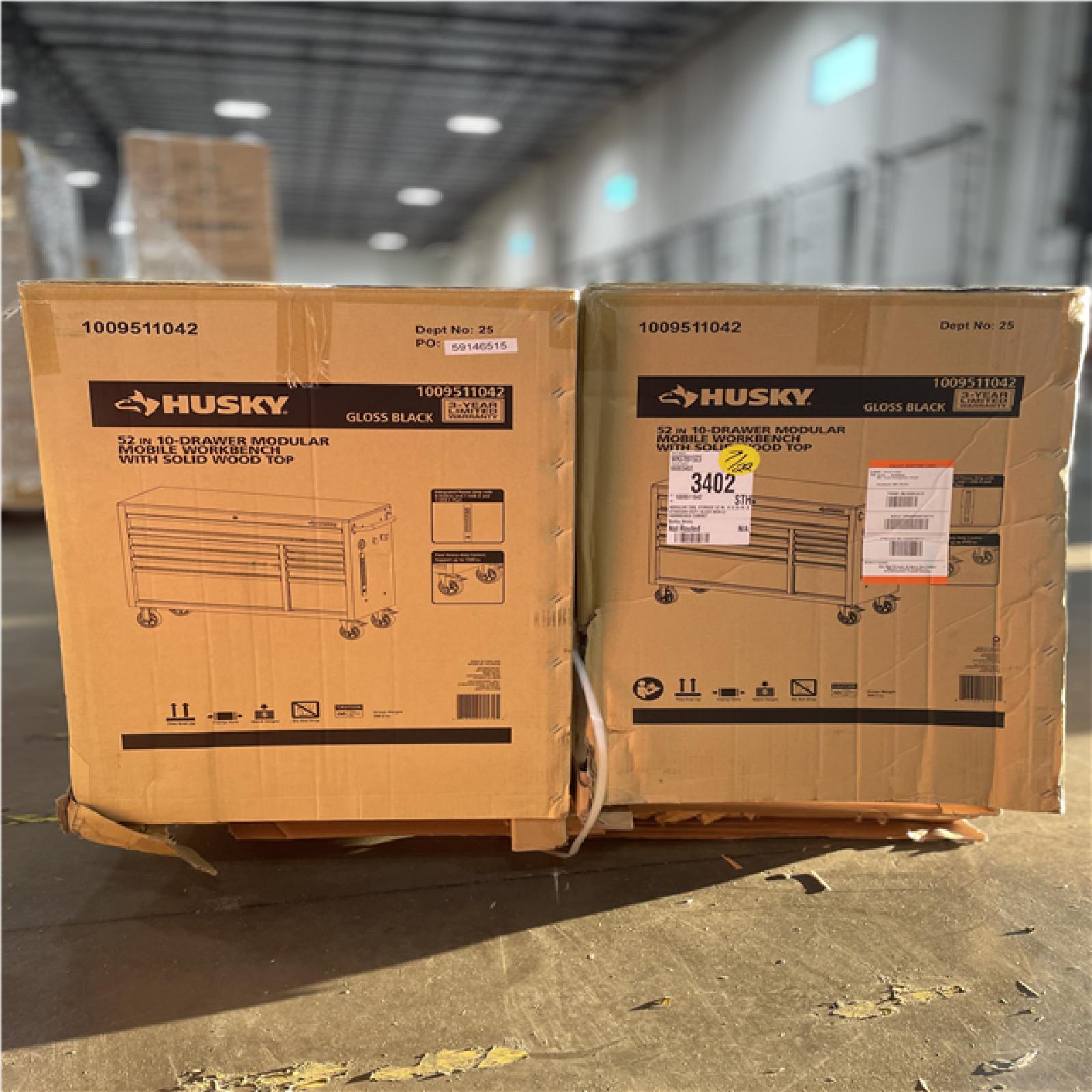 DALLAS LOCATION- AS-IS HUSKY 52 in. W x 20 in. 10 Drawer Mobile Workbench Gloss Black/Wood Top PALLET (2 UNITS)