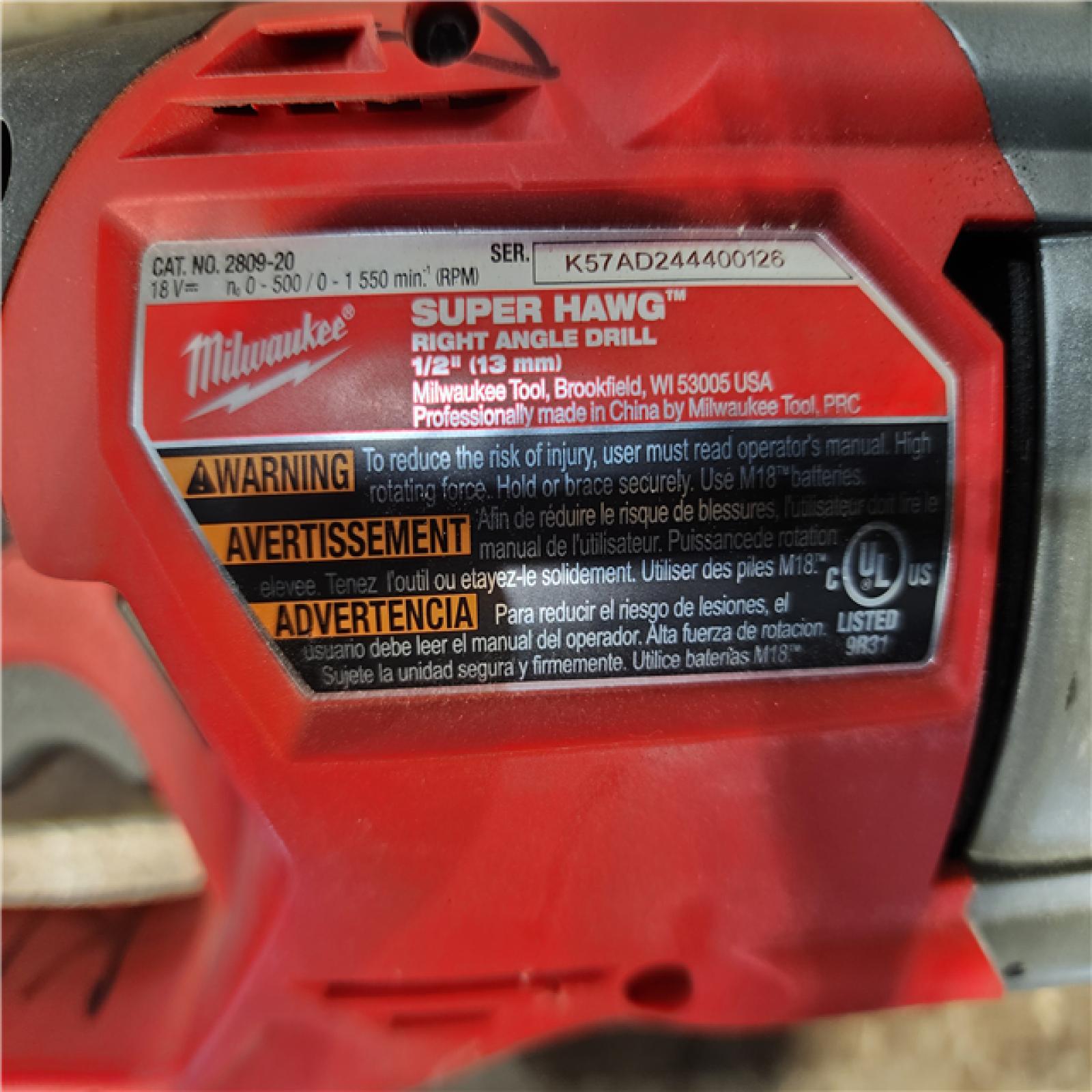 HOUSTON LOCATION - AS-IS Milwaukee M18 18V Fuel 1/2 Right Angle Drill Super Hawg Cordless Lithium-Ion 2809-20 (TOOL ONLY)