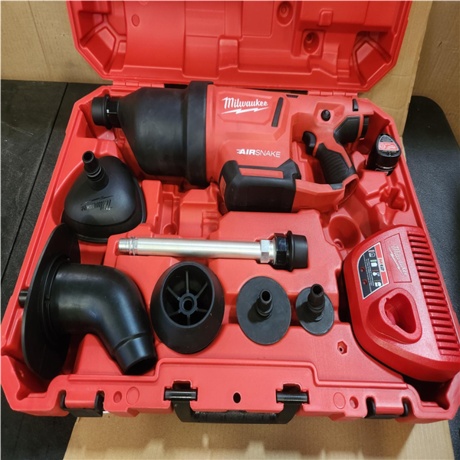 Phoenix LIKE NEW Milwaukee M12 12-Volt Lithium-Ion Cordless Drain Cleaning Airsnake Air Gun Kit with (1) 2.0Ah Battery, Toilet Attachments