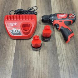 AS-IS MILWAUKEE M12 12V Lithium-Ion Cordless 3/8 in. Drill/Driver Kit with Two 1.5 Ah Batteries, Charger and Tool Bag