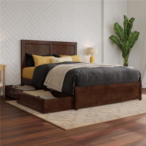 Phoenix NEW AFI Clayton Walnut Brown Solid Wood Frame Full Platform Bed with Panel Footboard and Storage Drawers