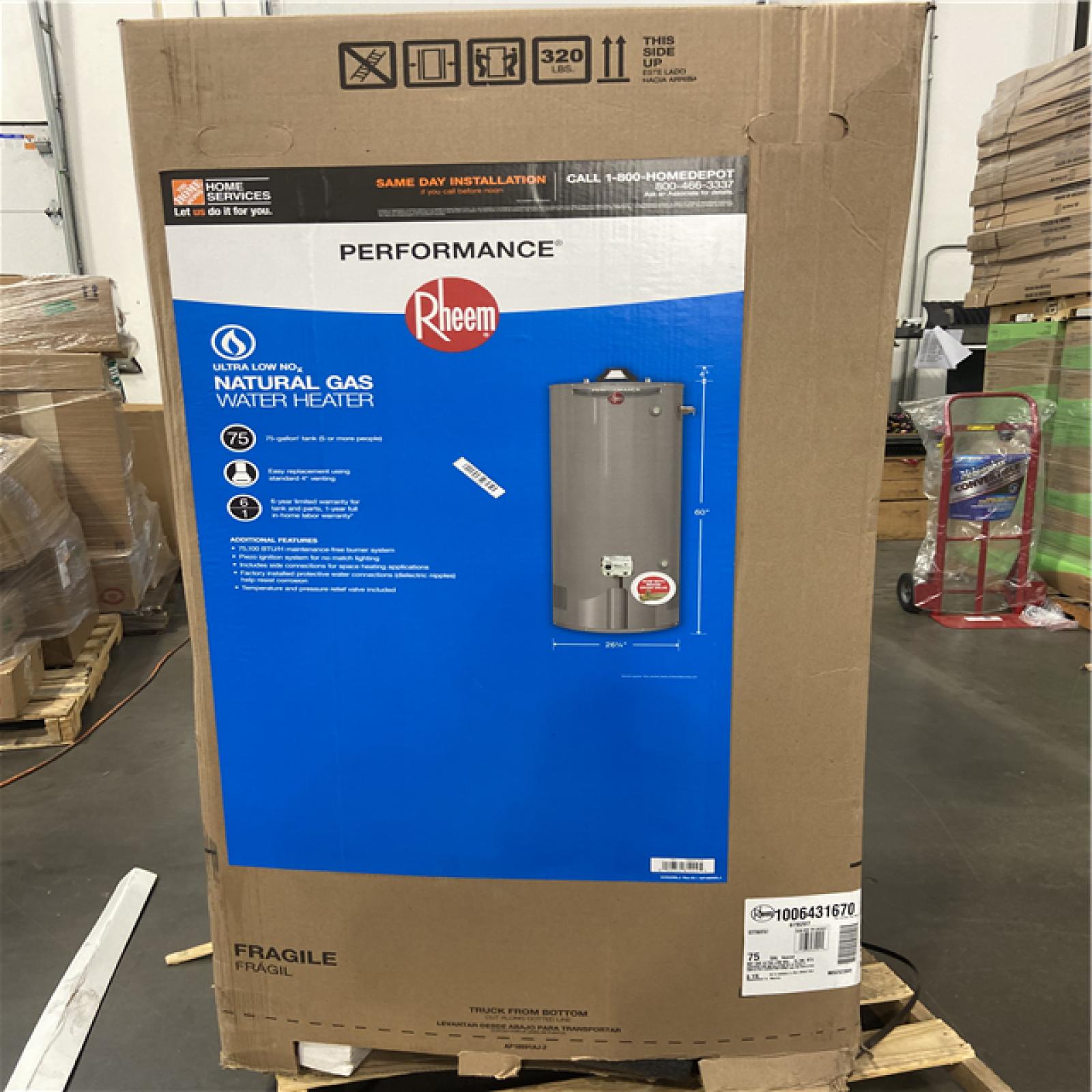 DALLAS LOCATION - Rheem Performance 75 Gal. Tall 75,100 BTU Ultra Low NOx (ULN) Natural Gas Water Heater with 6-Year Warranty