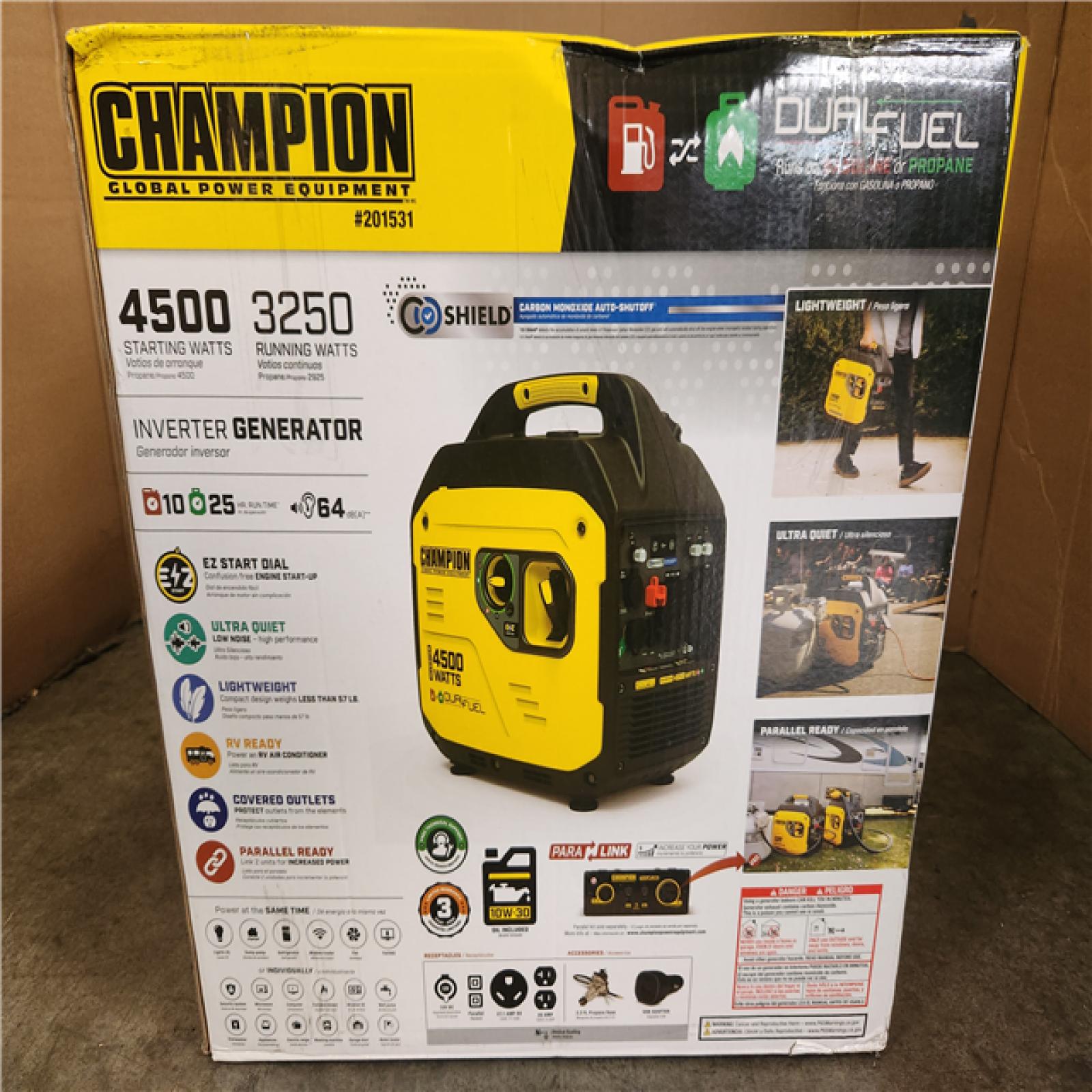 Phoenix Champion Power Equipment 4500/3250-Watt Recoil Start Gasoline/Propane Powered Dual Fuel Inverter Generator with Quiet Technology and CO Shield