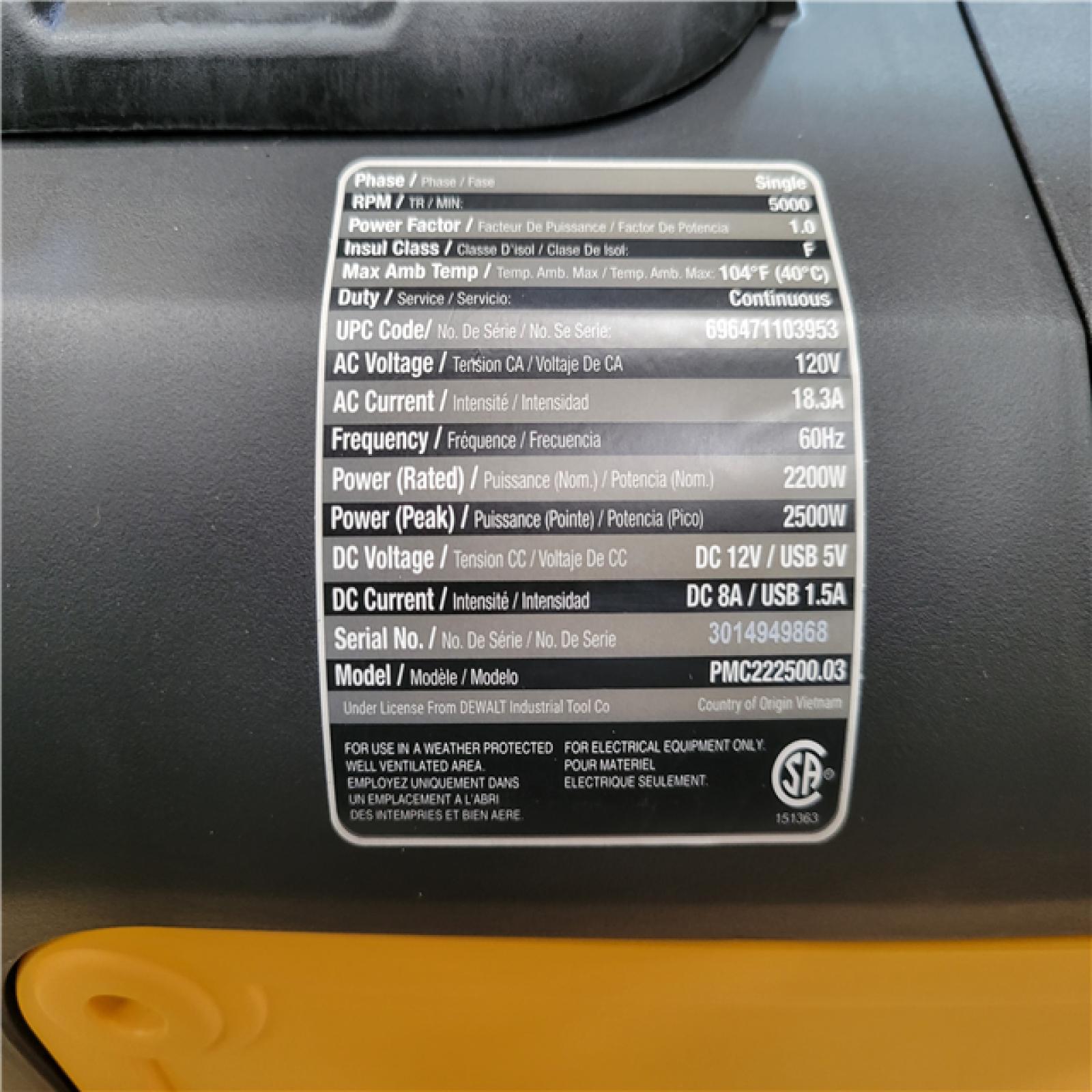 CALIFORNIA AS-IS DEWALT DXGNI 2500 GENERATOR