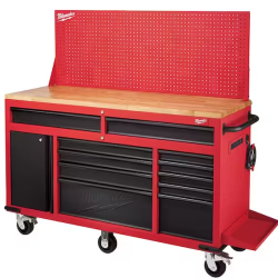 DALLAS LOCATION- AS-IS MILWUAKEE 61 in.11-Drawer/1-Door 22 in. D Mobile Workbench with Sliding Pegboard Back Wall Red/Black