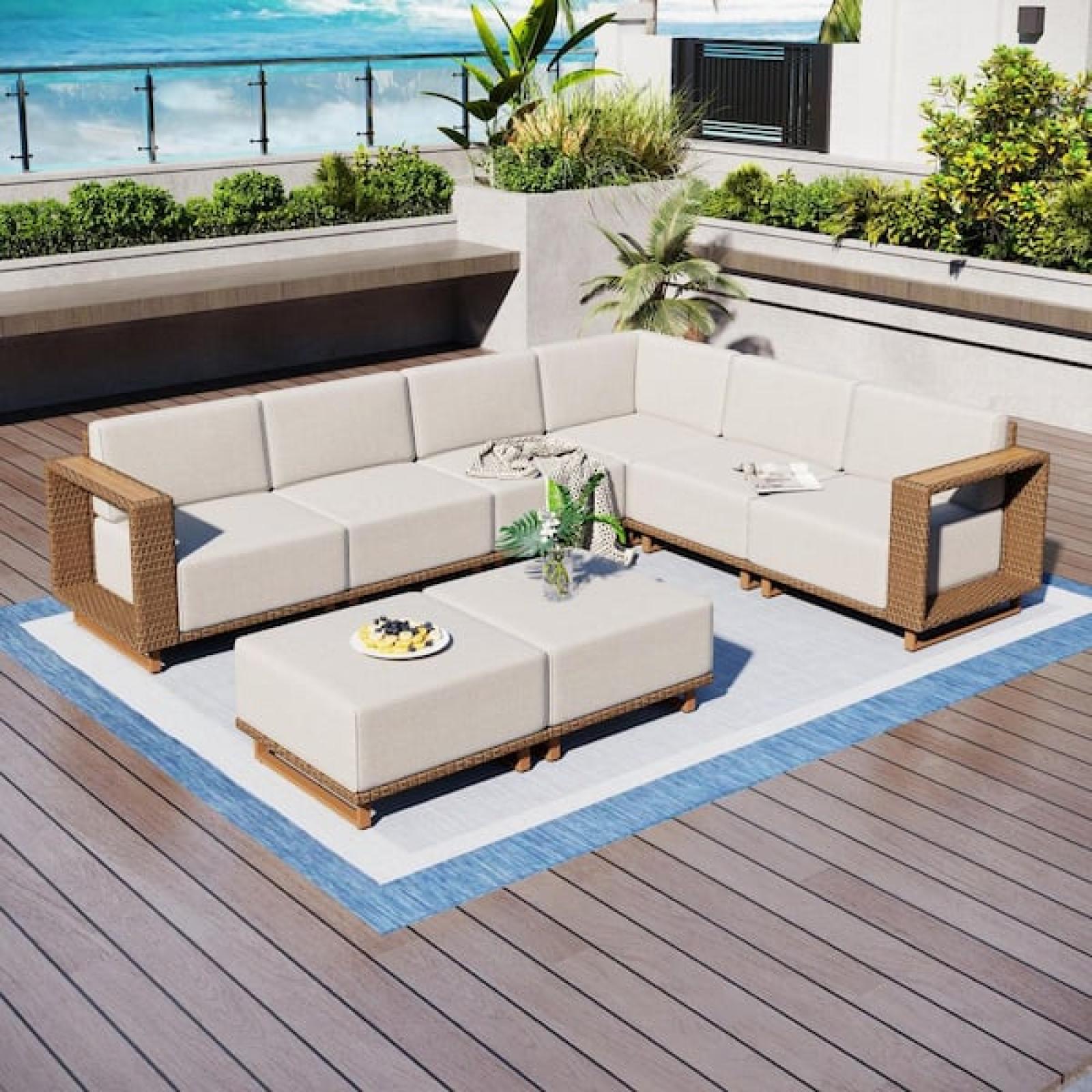 Phoenix NEW PHI VILLA Brown Rattan Wicker 8 Seat 8-Piece Steel Outdoor Sectional Set with Beige Cushions and 2 Ottomans