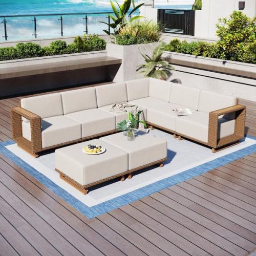 Phoenix NEW PHI VILLA Brown Rattan Wicker 8 Seat 8-Piece Steel Outdoor Sectional Set with Beige Cushions and 2 Ottomans