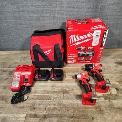 HOUSTON LOCATION - AS-IS Milwaukee M18 18V Lithium-Ion Brushless Cordless Compact Drill/Impact Combo Kit (2-Tool) W/(2) 2.0 Ah Batteries  Charger & Bag