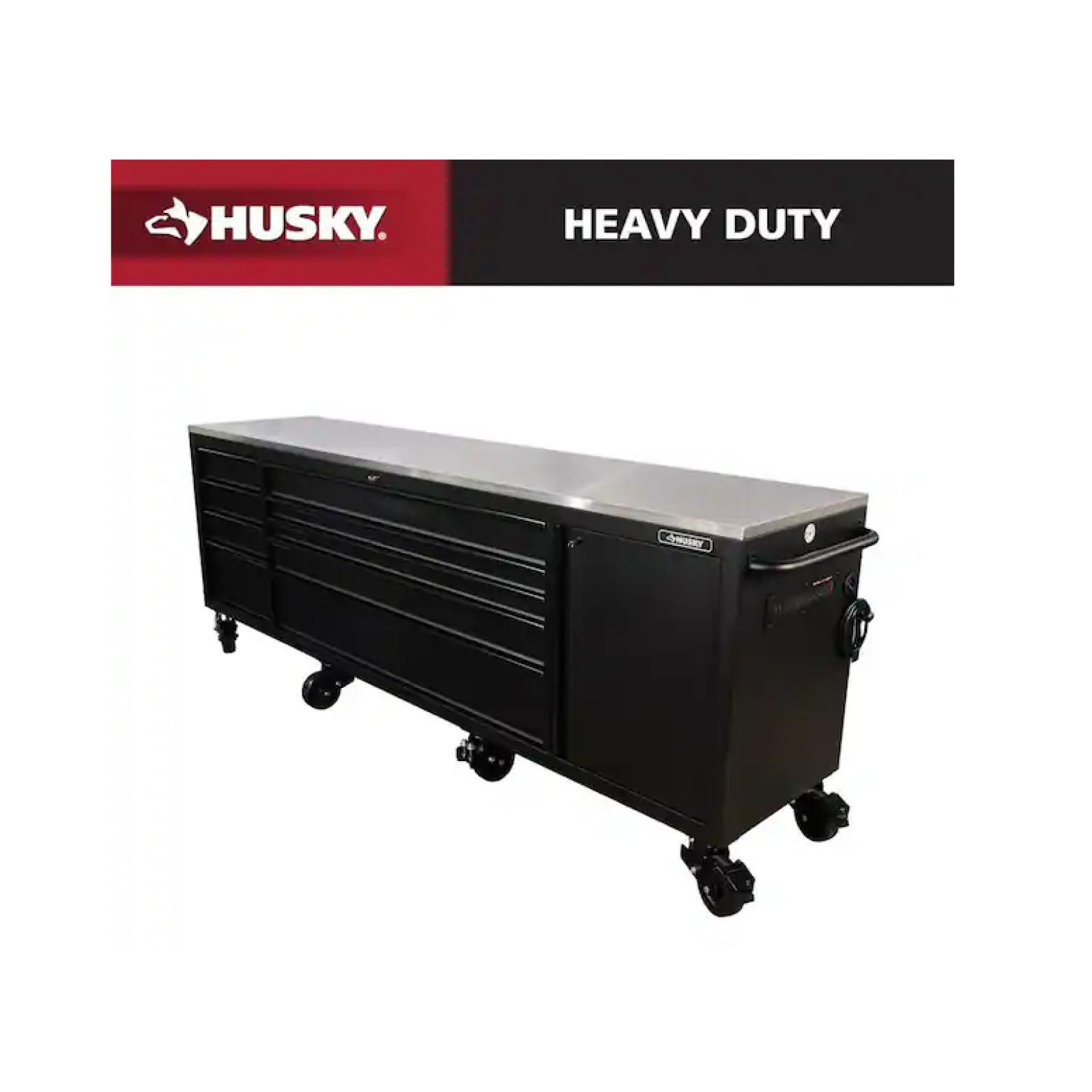 DALLAS LOCATION - Husky 108 in. W x 24 in. D 9-Drawer Heavy-Duty Mobile Workbench with Stainless Steel Top in Matte Black