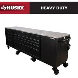 DALLAS LOCATION - Husky 108 in. W x 24 in. D 9-Drawer Heavy-Duty Mobile Workbench with Stainless Steel Top in Matte Black