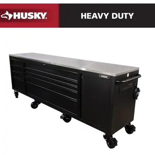DALLAS LOCATION - Husky 108 in. W x 24 in. D 9-Drawer Heavy-Duty Mobile Workbench with Stainless Steel Top in Matte Black