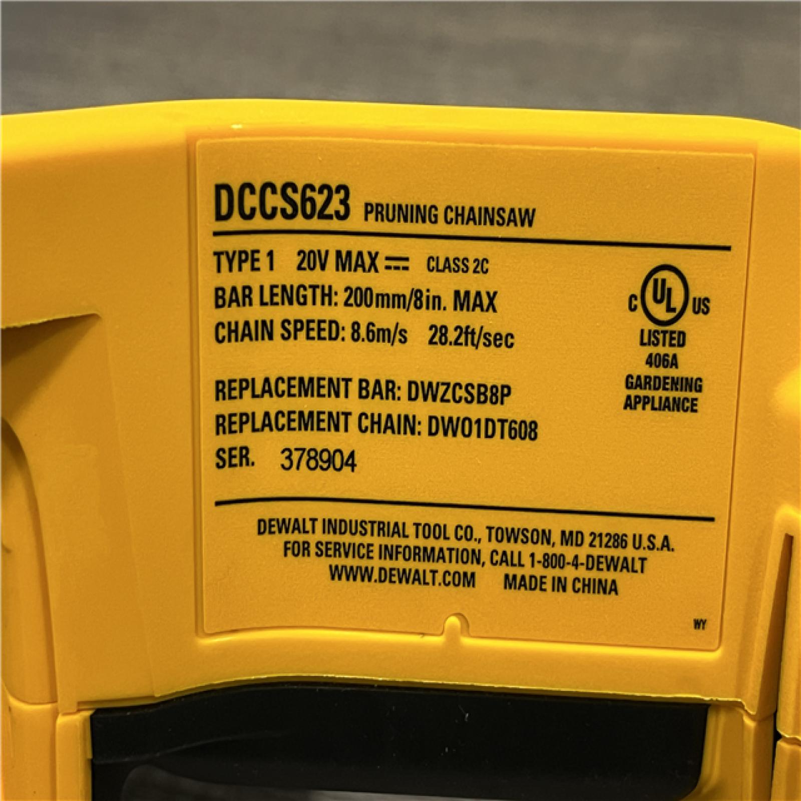 AS-IS DEWALT 20V MAX 8 in. Brushless Cordless Battery Powered Pruning Chainsaw (Tool Only)