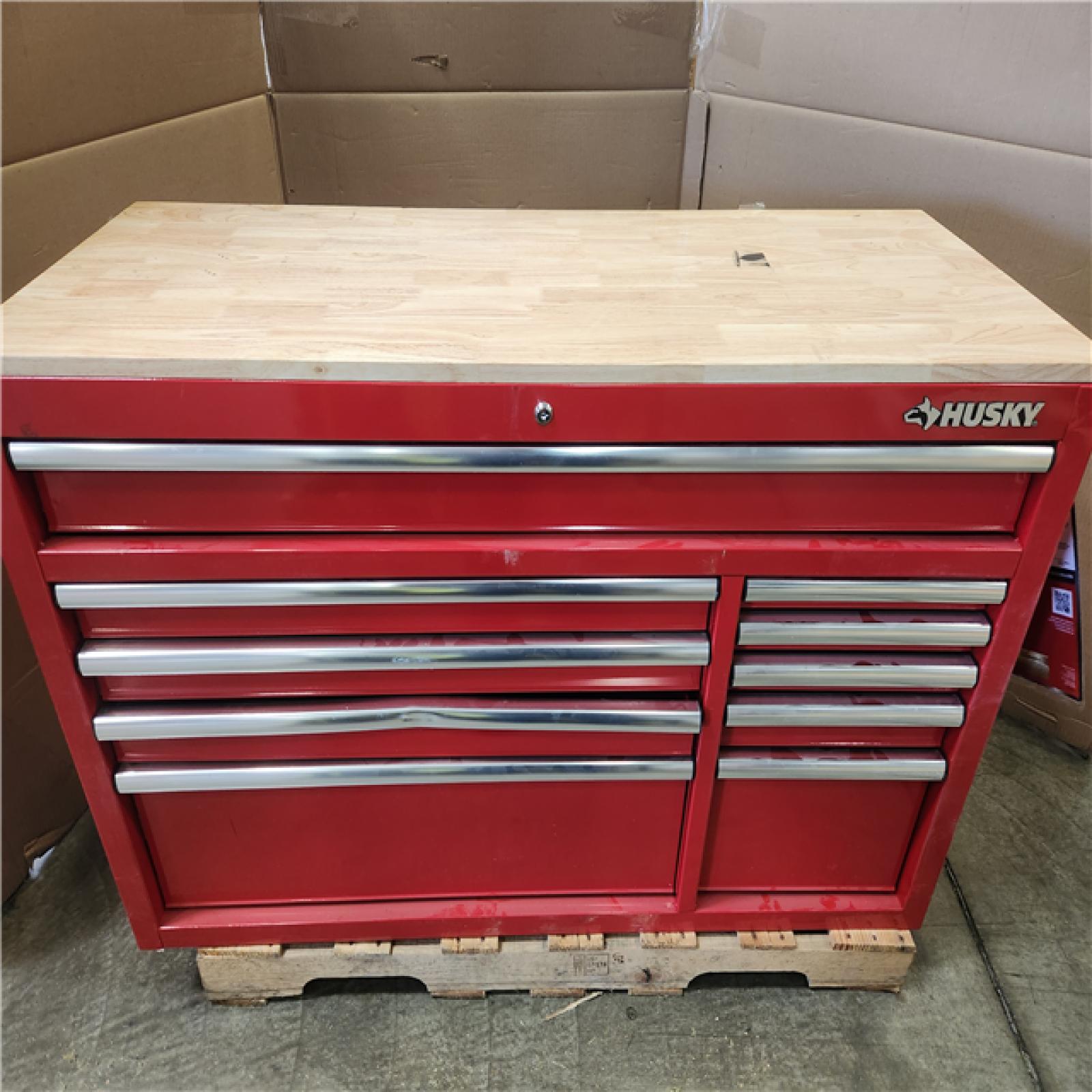Phoenix Husky 52 in. W 10-Drawer Gloss Red Mobile Workbench Cabinet with Solid Wood Top and Pegboard