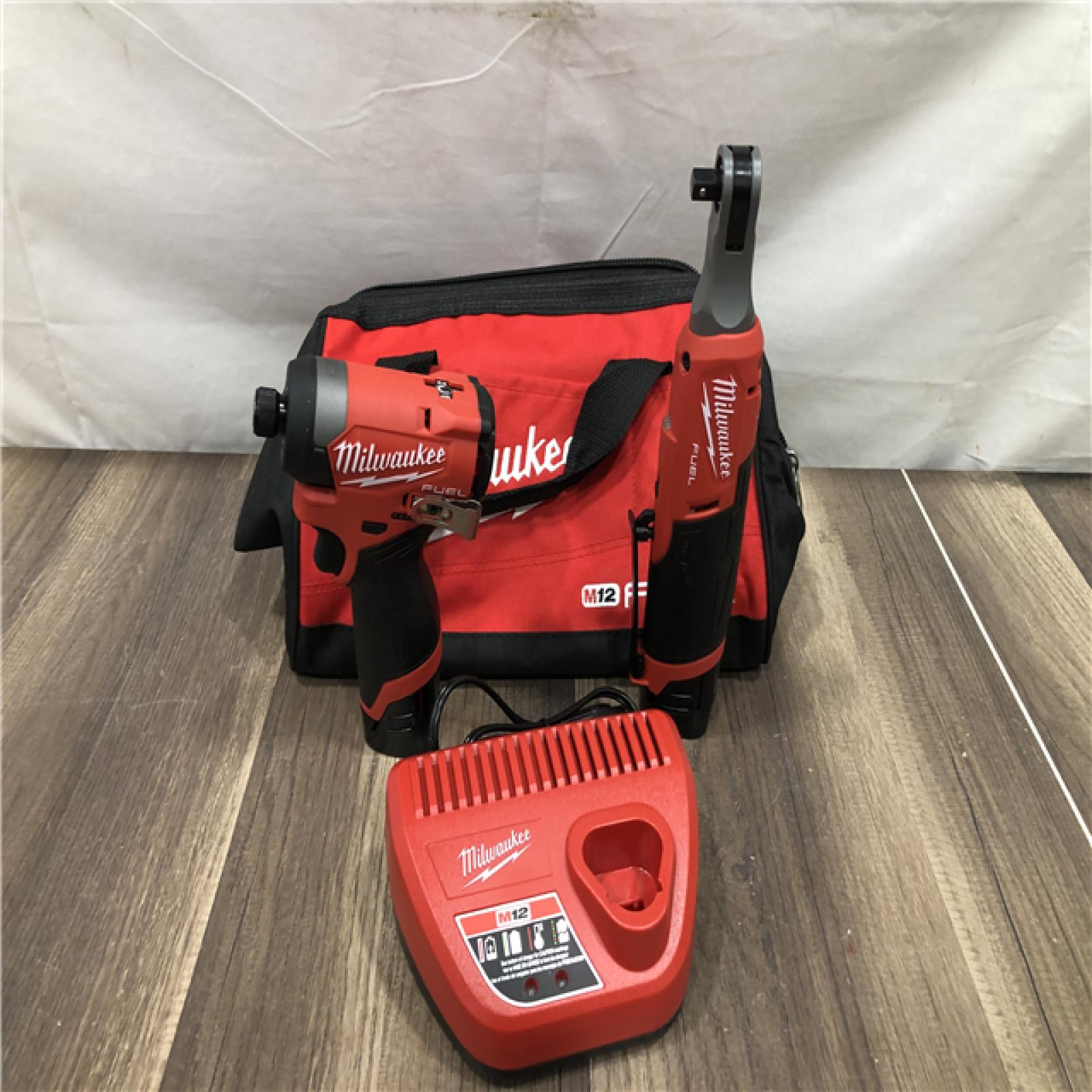 AS-IS Milwaukee FUEL 12V Lithium-Ion Cordless 3/8 in. Ratchet and 1/4 in. Impact Driver Kit