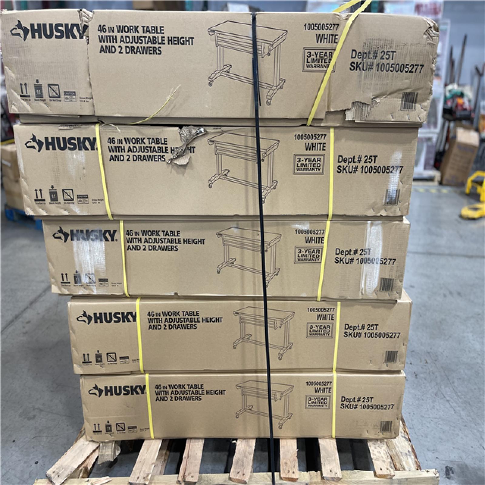 DALLAS LOCATION -Husky 46 in. W x 24 in. D 2-Drawer Adjustable Height White Worktable with Solid Wood Top PALLET-(5 UNITS)