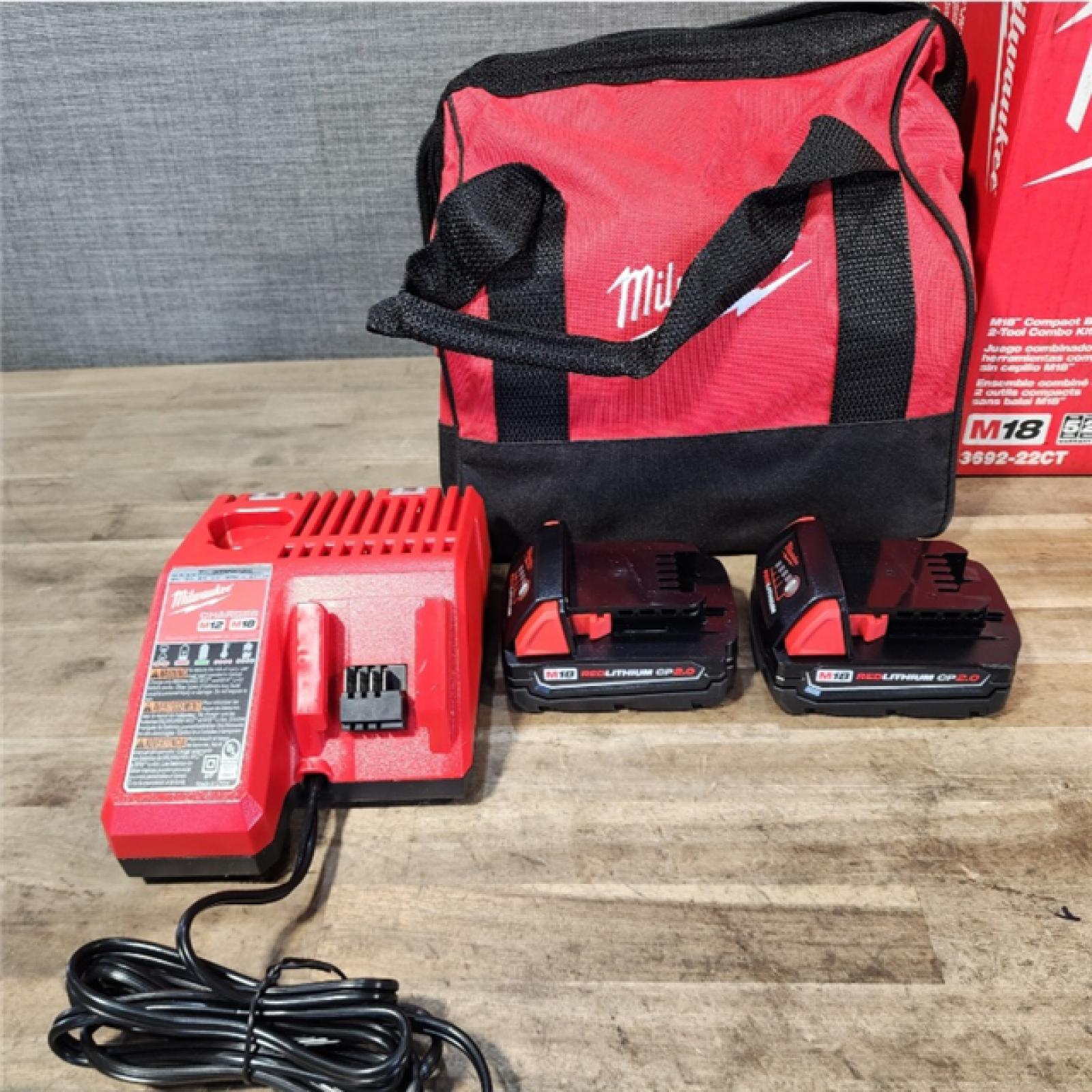 HOUSTON LOCATION - AS-IS Milwaukee M18 18V Lithium-Ion Brushless Cordless Compact Drill/Impact Combo Kit (2-Tool) W/(2) 2.0 Ah Batteries  Charger & Bag