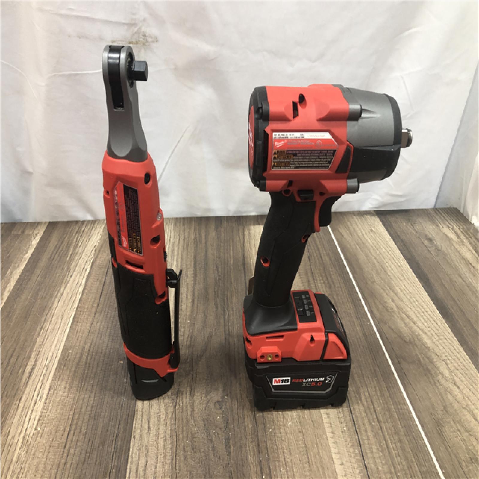 AS-IS Milwaukee FUEL 18V Cordless Mid Torque 1/2 in. Impact Wrench w/ M12 FUEL 3/8 in. Ratchet & Battery/Charger Combo Kit