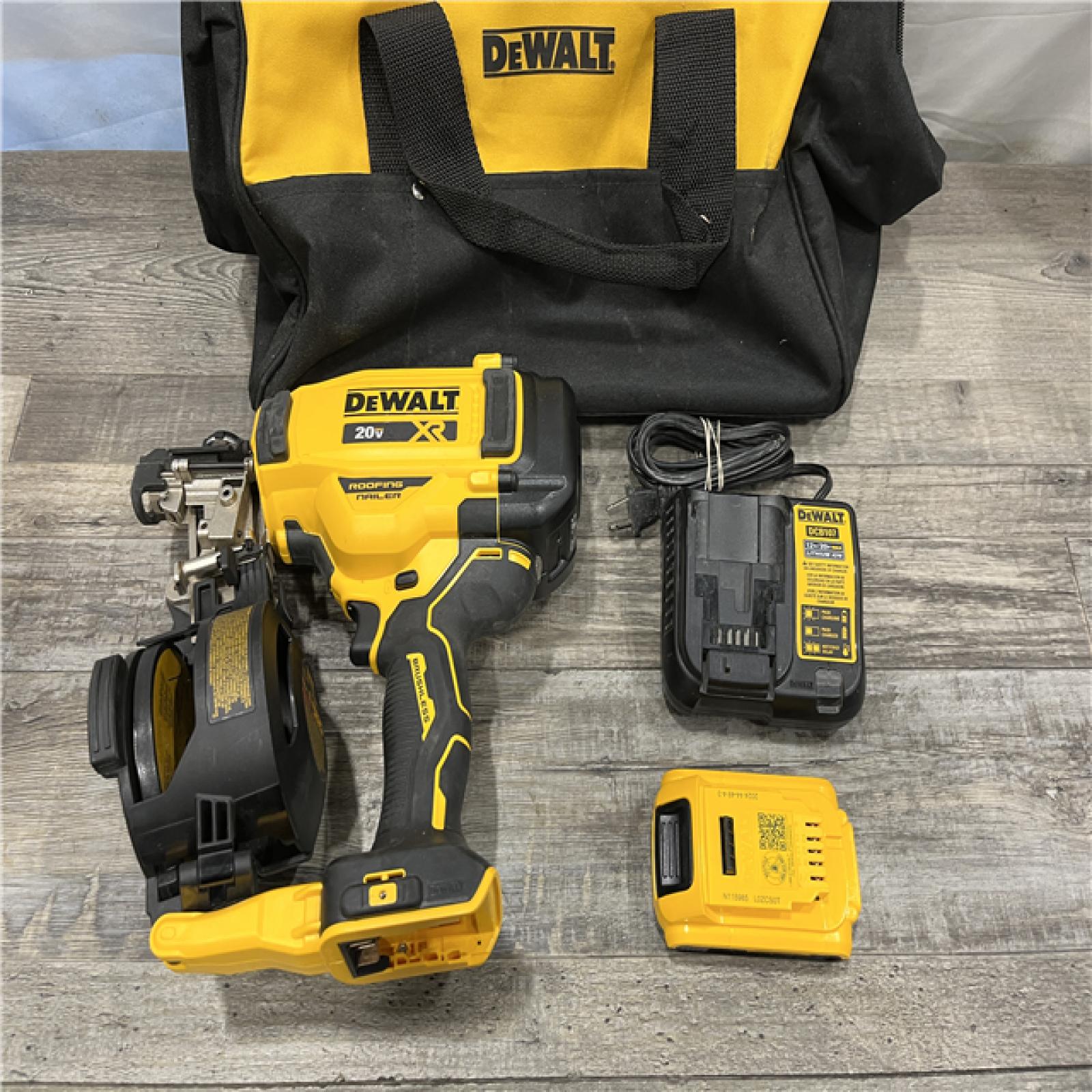 AS-IS DEWALT 20V MAX Lithium-Ion 15-Degree Electric Cordless Roofing Nailer Kit