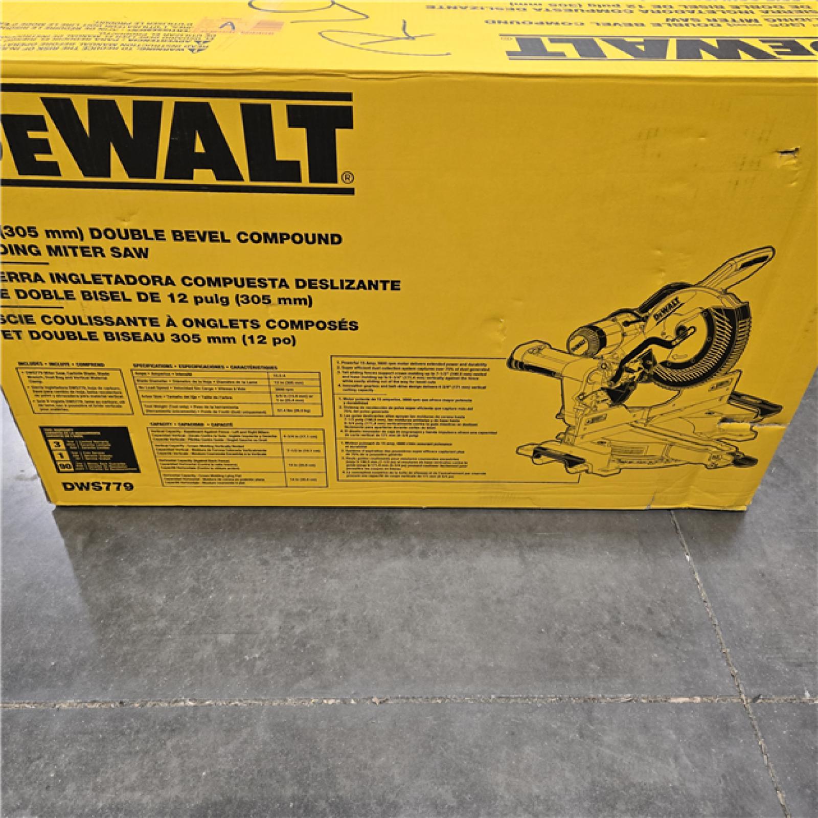 LIKE NEW- DEWALT 15 Amp Corded 12 in. Double Bevel Sliding Compound Miter Saw, Blade Wrench and Material Clamp