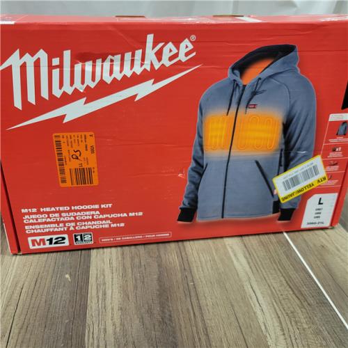 AS-IS Milwaukee  Men's Large M12 12-Volt Lithium-Ion Cordless Gray Heated Jacket Hoodie Kit with (1) 2.0 Ah Battery and Charger