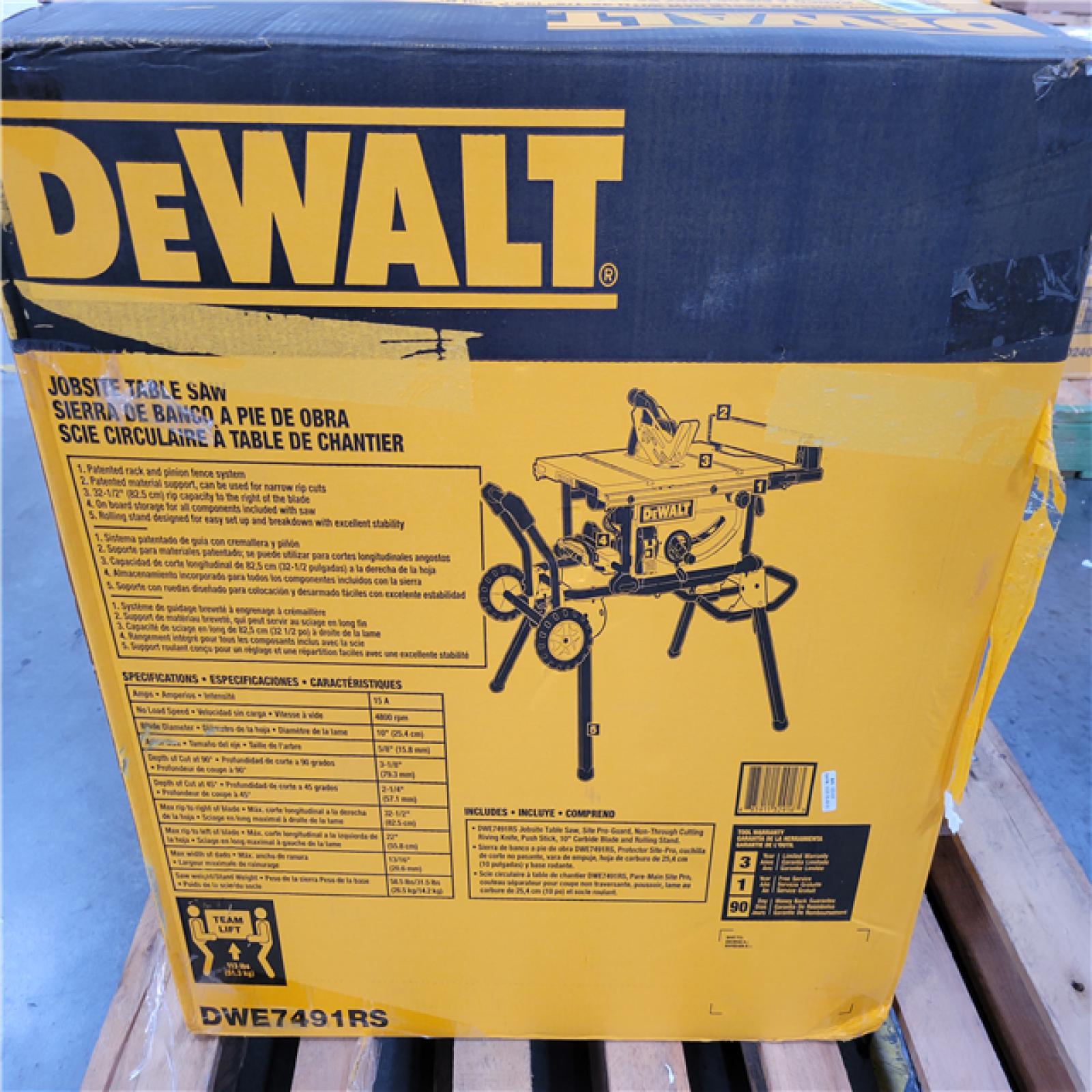 CALIFORNIA AS-IS DEWALT 10 (25.4cm) JOBSITE TABLE SAW WITH 32-1/2 (82.5cm) RIP CAPACITY AND ROLLING STAND