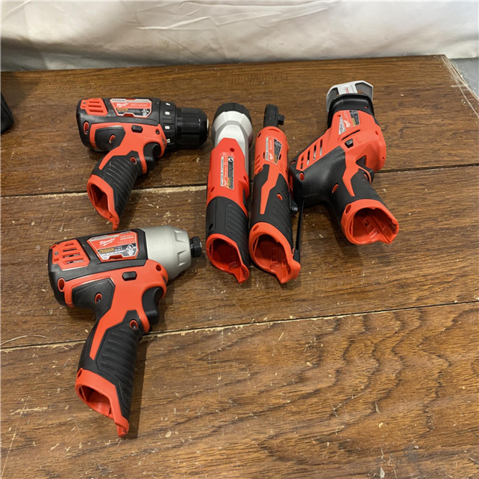 AS-IS MILWAUKEE M12 12V Lithium-Ion Cordless Combo Kit (5-Tool) with Two 1.5Ah Batteries, Charger & Tool Bag