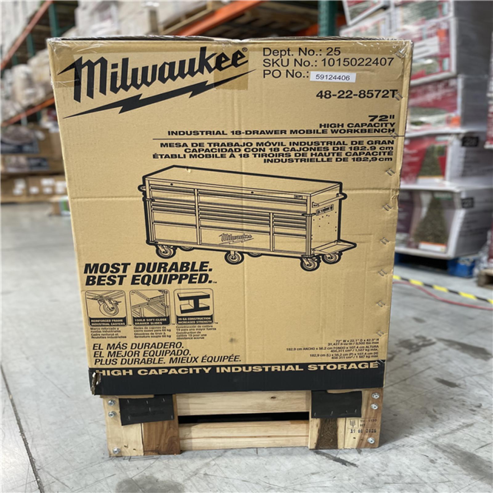 DALLAS LOCATION - AS-IS MILWAUKEE High Capacity 72 in. W x 22.1 in. D 18-Drawer Mobile Workbench Cabinet with Solid Wood Top