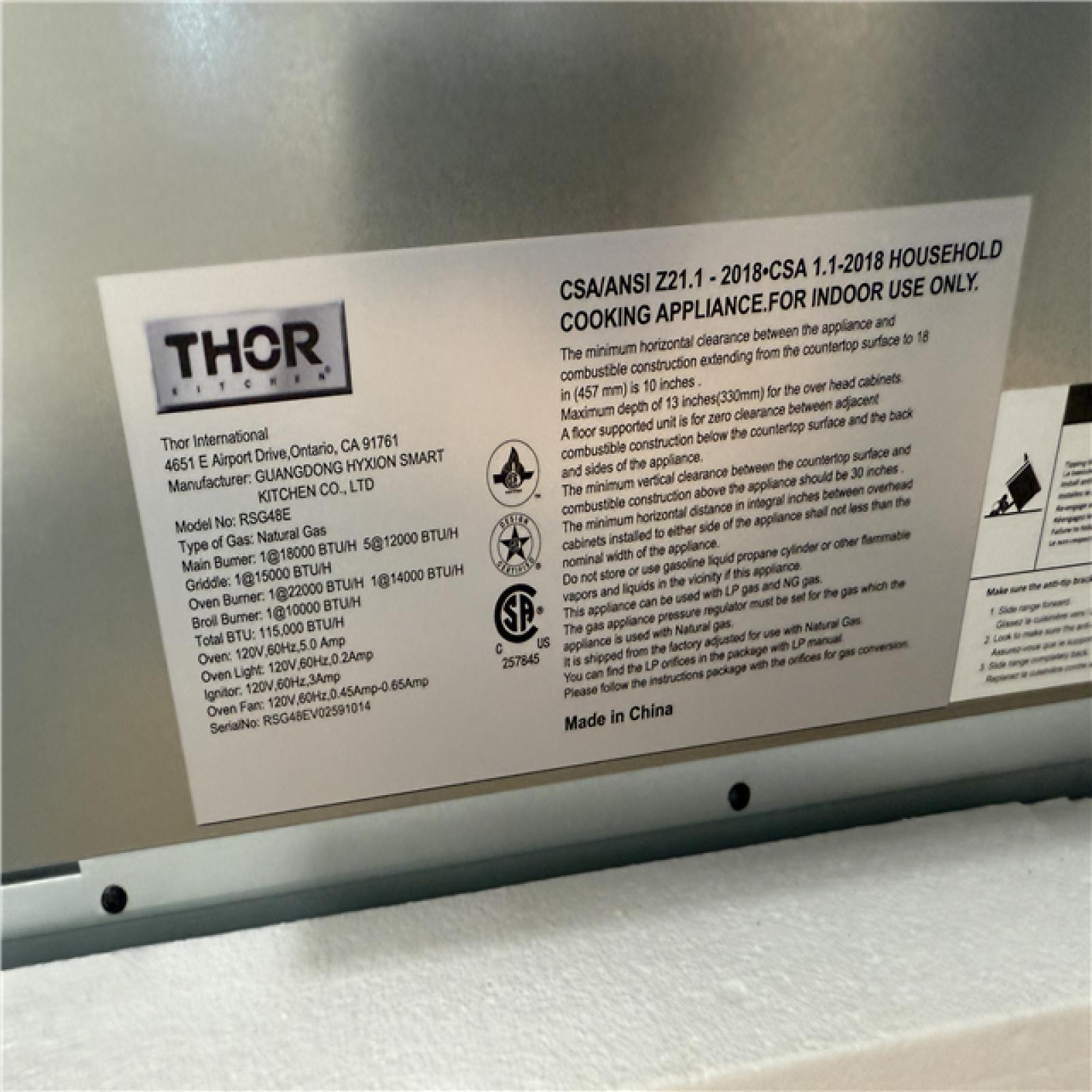 California AS-IS Thor Kitchen Gordon Ramsay Collection, 48 Inch Freestanding Gas Range w/Double Oven; Stainless Steel; Appears in Excellent Condition
