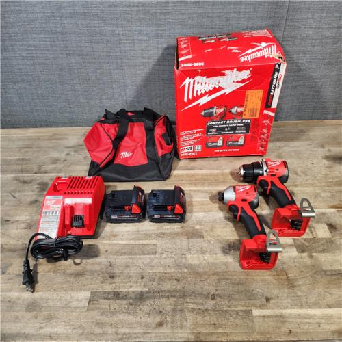 HOUSTON LOCATION - AS-IS Milwaukee M18 18V Lithium-Ion Brushless Cordless Compact Drill/Impact Combo Kit (2-Tool) W/(2) 2.0 Ah Batteries  Charger & Bag