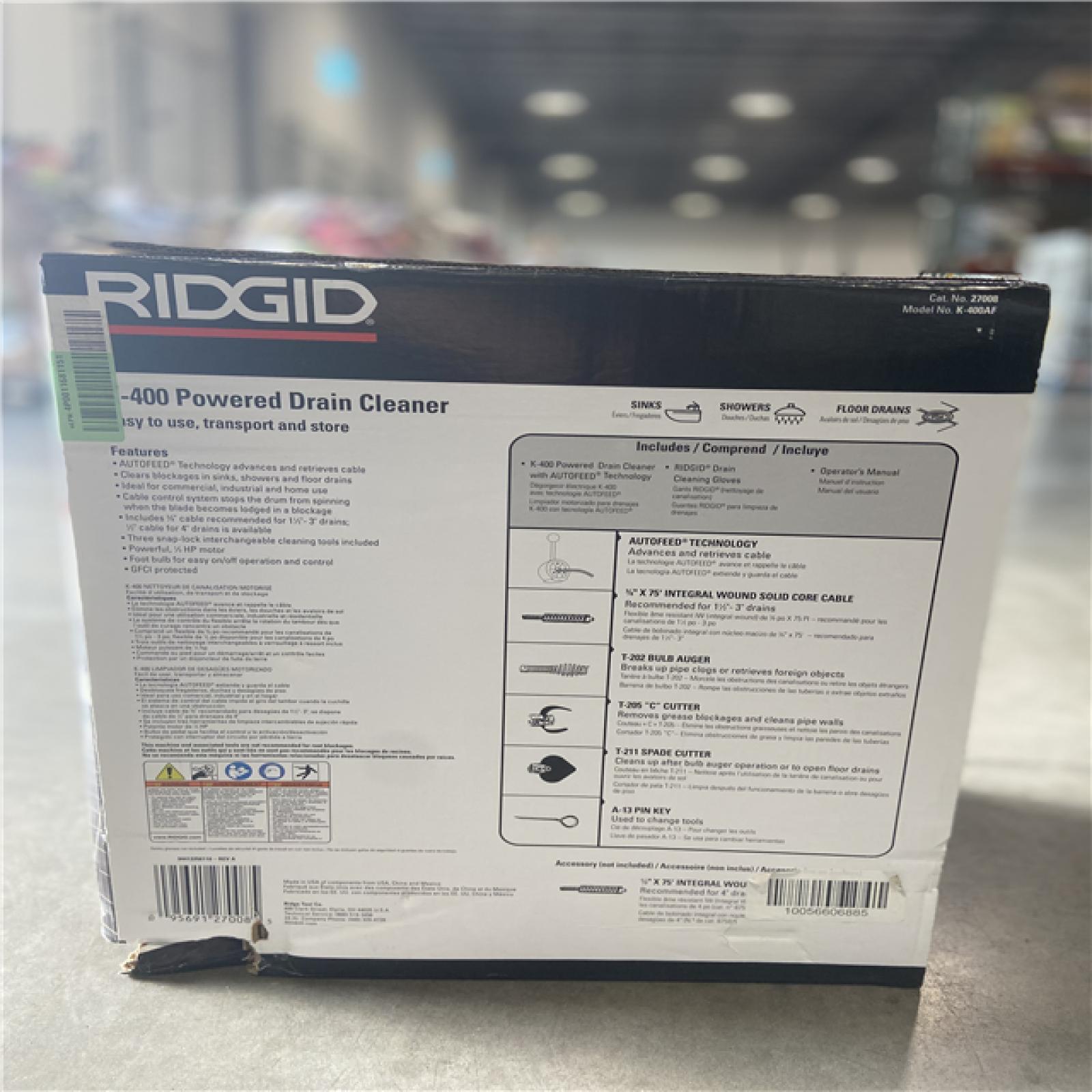 DALLAS LOCATION -  RIDGID K-400 AutoFeed Drain Cleaning Snake Auger 120-Volt Drum Machine and C-32IW 3/8 in. x 75 ft. Cable + Tool Set & Gloves