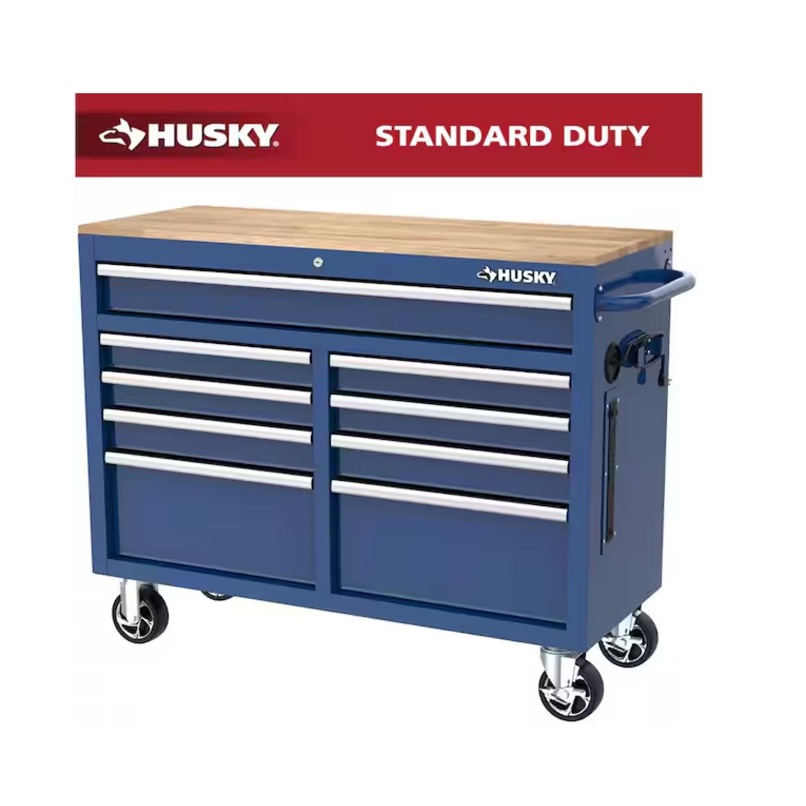 DALLAS LOCATION -  Husky Tool Storage 46 in. W x 18 in. D 9-Drawer Gloss Blue Mobile Workbench Cabinet