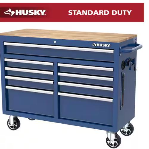 DALLAS LOCATION -  Husky Tool Storage 46 in. W x 18 in. D 9-Drawer Gloss Blue Mobile Workbench Cabinet