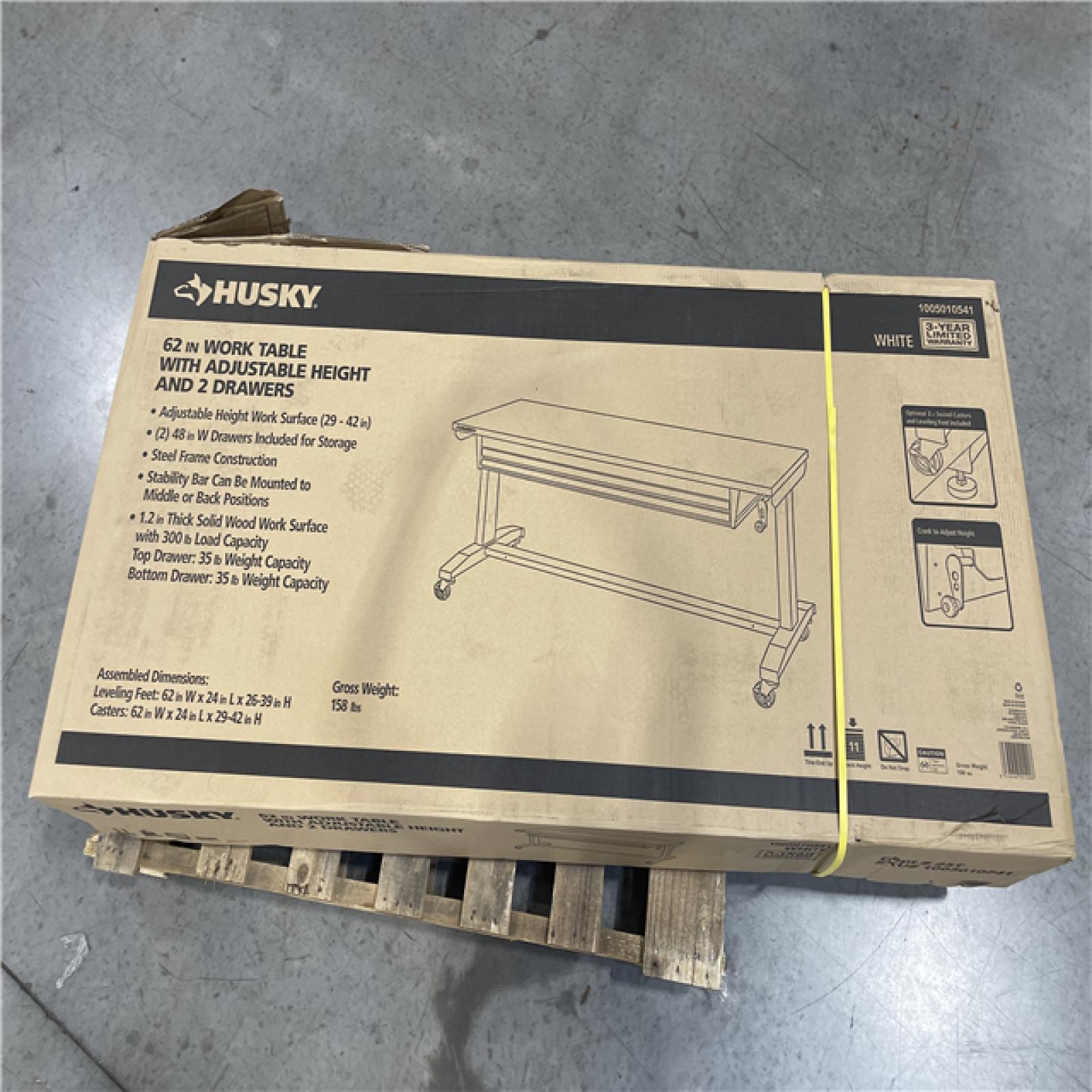 DALLAS LOCATION- AS-IS HUSKY 62IN. WORK TABLE WITH ADJUSTABLE HEIGHT AND 2 DRAWERS