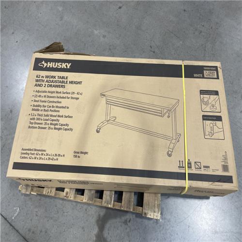 DALLAS LOCATION- AS-IS HUSKY 62IN. WORK TABLE WITH ADJUSTABLE HEIGHT AND 2 DRAWERS
