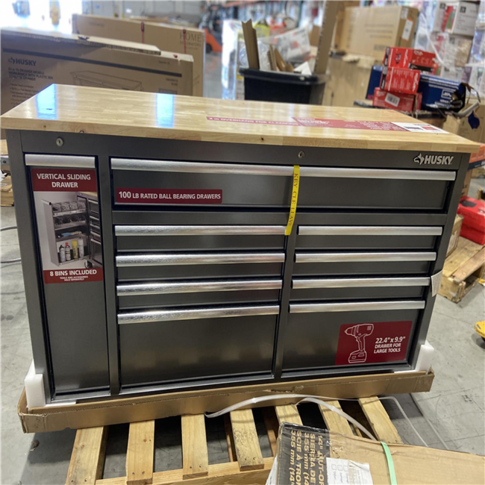 DALLAS LOCATION - Husky 61 in. W x 24 in. D Standard Duty 10-Drawer Mobile Workbench Tool Chest with Sliding Bin Storage Drawer in Silver